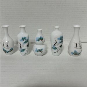 Set of White Vintage Miniature Asian Ceramic Vases with Crane Design